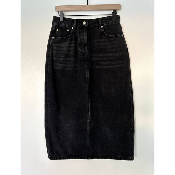 Prada Black Long Denim Midi Skirt Button Fly Size 4 US EUC - Picture 15 of 16